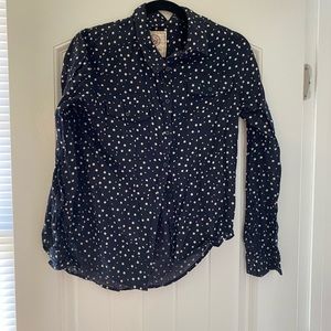 Navy blue and polka dot %100 cotton button down shirt.